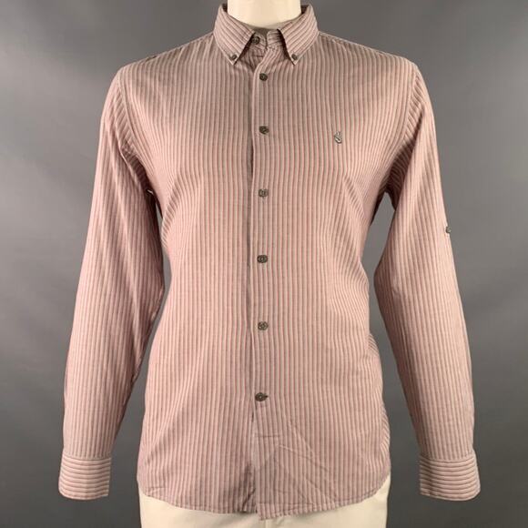 JOHN VARVATOS * U.S.A. Size L Grey Pink Stripe Cotton Roll Tab Long Sleeve Shirt - Picture 1 of 8